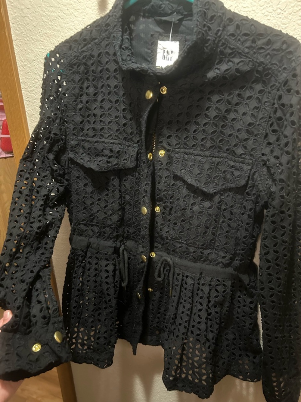 GAP Black Eyelet Drawstring Peplum Jacket with Gold Buttons